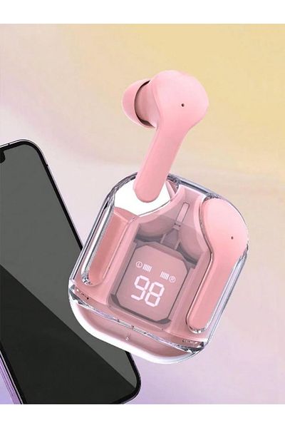 Choice Pink In-Ear Wireless Bluetooth Headphones, Transparent Model Digital Charging Compartment, Noise Can