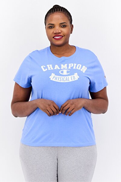 Champion تي شيرت نسائي رياضي بأكمام قصيرة مناسب للخارج، أزرق