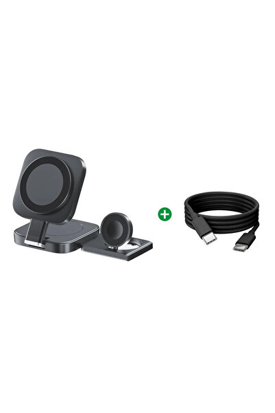 Choice حامل شاحن لاسلكي صغير قابل للطي 3 في 1 باللون الأسود لهاتف iPhone 15 1...