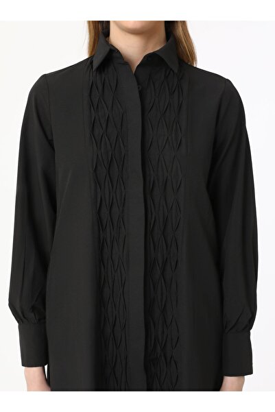 Refka Nervür ve Yırtmaç Detaylı Poplin Tunik - Siyah - Refka