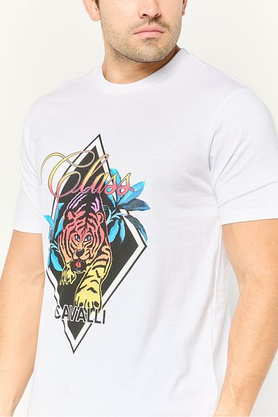 Cavalli Class Men Crew Neck Short Sleeve Graphic Print T-shirt, White