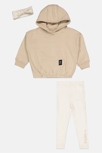 Fudo Toddlers Girl 3 Pieces Solid Hoodie And Leggings With Head Band Set, Beige