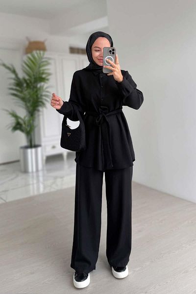 Ka Hijab Είναι μαύρο Μαύρη ζώνη Λεπτομέρεια ντραπέ διπλό κοστούμι