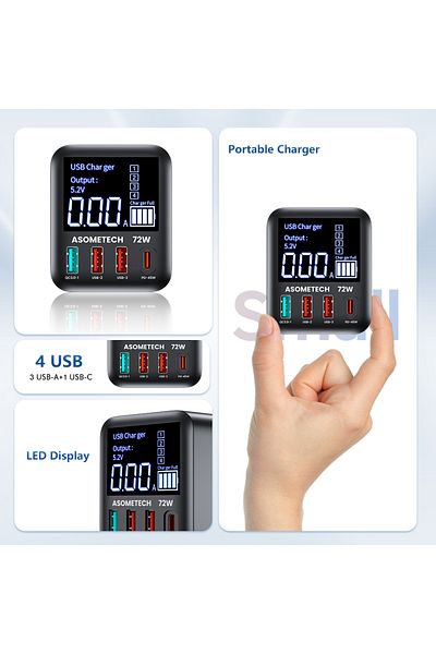 ASOMETECH US Plug ASOMETECH 72W GaN USB Charger 4 Port With LED Display QC3.0 PD3.0 PPS 45W USB C Fast Charger