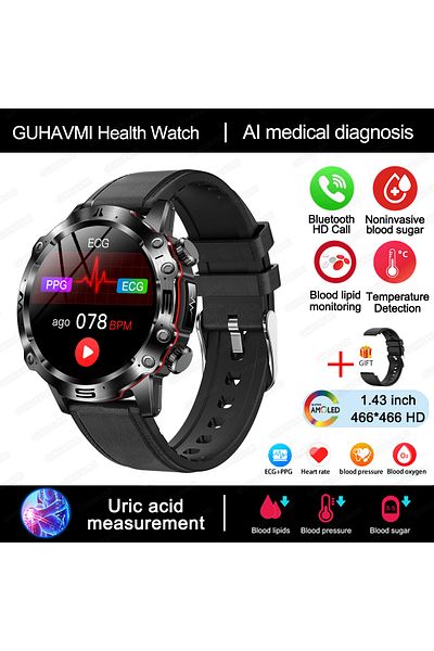 Choice Black Leather New Healthy Blood Lipids Uric Acid Blood Sugar Smart Watch Men ECG+PPG Fitness Tracker