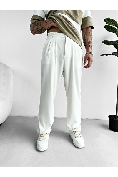 NO1 KONSEPT Men's Basic White Baggy Fit Fabric Trousers