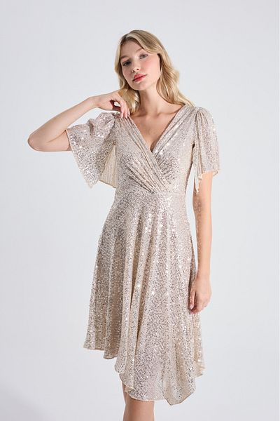 HOX'S Βραδινό φόρεμα Angel Beige Midi - Παγιέτες, διπλός γιακάς και ασύμμετρο στρίφωμα