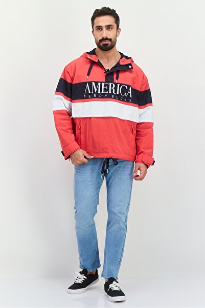 Perry Ellis Men Embroidered Logo Half Zip Hooded Jackets, Red