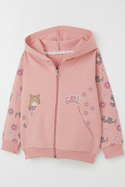 Breeze Kız Çocuk Hırka Sevimli Kız Baskılı Kolları Çiçek & Kalp Desenli 1-4 Yaş, Gülkurusu