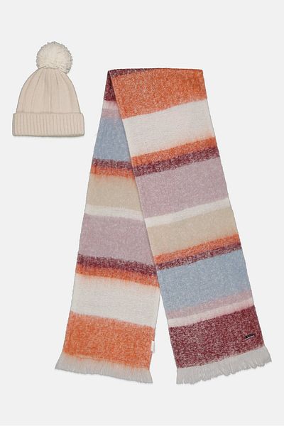 ELLE Women Color Block Scarves With Beanie Set, White