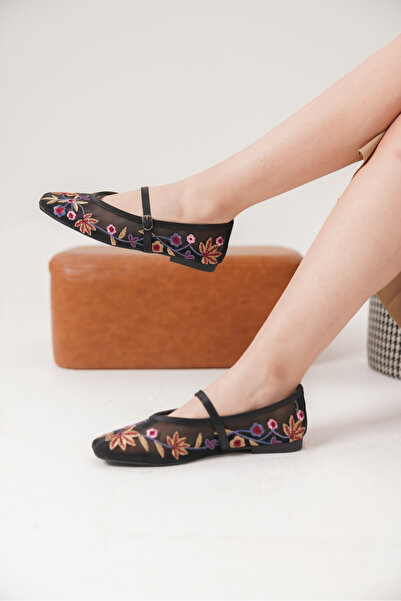 Moda Değirmeni Black Women's Mesh Blunt Toe Flower Embroidery Detailed Günl Md2104-111-0002