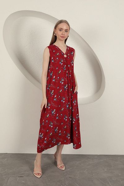 Moka Shopin Viscose Fabric Floral Patterned Dress-Red