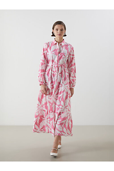 LC Waikiki Lcwaikiki Classic Pink Shirt Collar Patterned Poplin Dress with Ne...