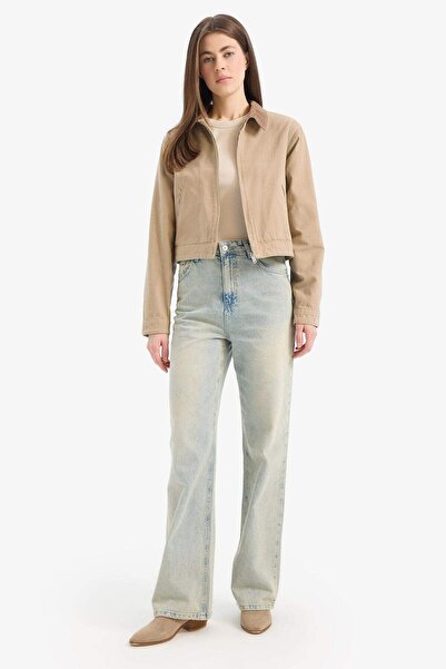 DeFacto Regular Fit Kontrast Yakalı Cepli Pamuklu Ceket Ekru Kadın Mont E6260ax/er138