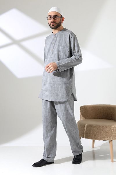 ihvanonline Men's Single Pocket Shirt Pants Double Suit Hajj and Umrah Clothing Gray (Vşn)