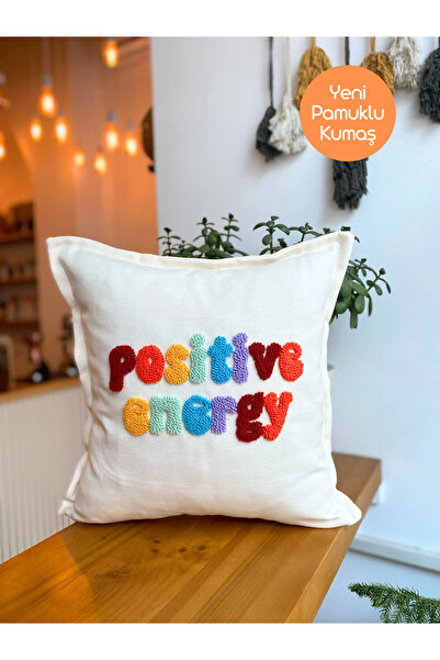 Positive Energy Punch Embroidered Cotton Fabric Pillowcase - 43*43cm - Punch Embroidered Pillowcase