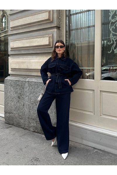 VOLT CLOTHİNG Damen-Jeansanzug mit weitem Bein und Klappe