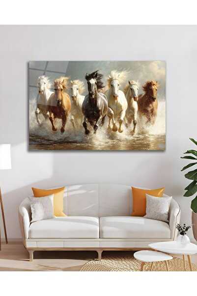 Çağ Baskı At Koşan Atlar Hayvanlar Deniz Cam Tablo Modern Ev Ofis Salon Duvar...