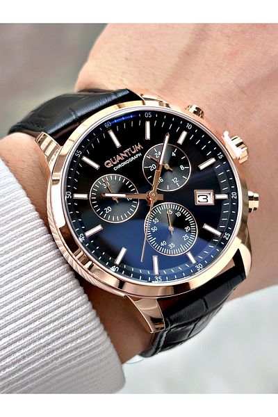 Quantum Function Leather Cord Black-Copper Color Steel Case Men Wrist Watch 1197.451