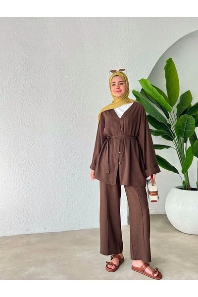 My Blog Brown 100% Cotton Belted Shirt Trousers Suit - 034
