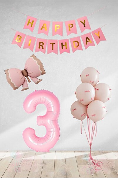 BİDOLUMUTLULUK Pembe Fiyonklu Kurdelalı Doğum Günü Parti Kutlama Eğlence Seti