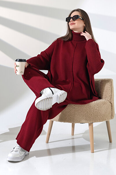 ALCHON Λεπτομέρεια γραμμής μανίκι με ζιβάγκο πουλόβερ πόντσο μέχρι τον αστράγαλο ίσιο παντελόνι πλεκτό σετ δύο τεμαχίων