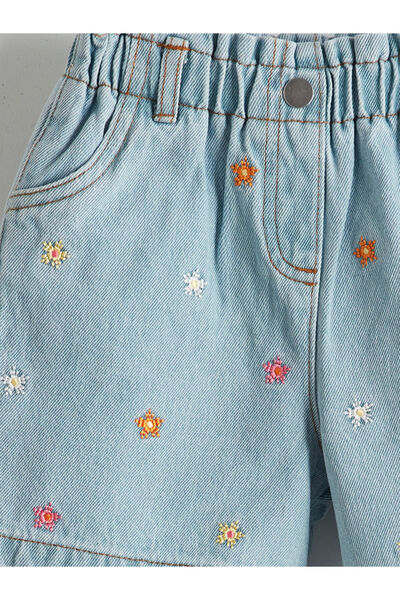 LC Waikiki LCW Kids Mavi Beli Lastikli Nakışlı Kız Çocuk Jean Şort