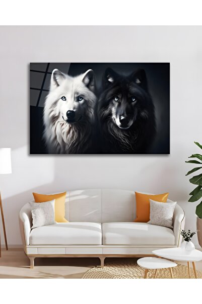 Çağ Baskı Kurt Siyah Beyaz Çift Hayvanlar Cam Tablo Modern Ev Ofis Salon Duva...