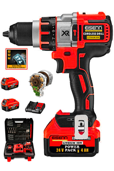 Eisenn German Kömürsüz Motor Xr-red Darbeli 13 Mm Şarjlı 2 Akülü Vidalam Matkap 10 Pilli 84 Pcs Set