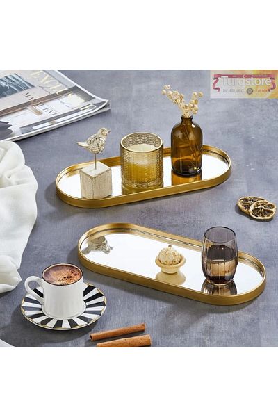 Turqstore Oval Mirrored Presentation Stand - Gold Color, 3Pcs 12X30