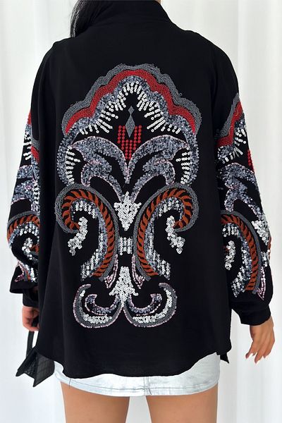 FEMELLE Jachetă kimono supradimensionată pentru femei, neagră, mărime standard, broderie completă