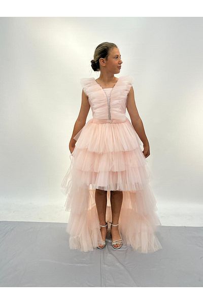 BUTİKHAPPYKİDS Girl's Evening Dress Powder Tail Ruffled Collar Evening Dress 10-14 Years