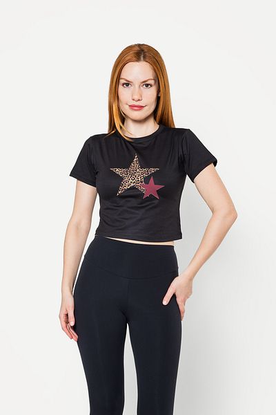 Sekizbiraltı Crop negru cu imprimeu Y2k Star