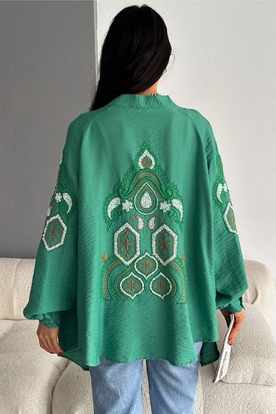 FEMELLE Jachetă kimono supradimensionată, brodata, verde, mărime standard