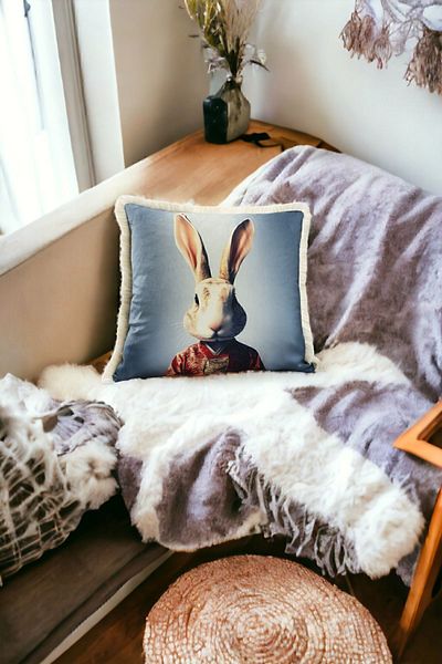 ASDİVA Rabbit Patterned Luxury Decorative Animal Figure Fringed Avant-Garde Velvet Throw Pillow Case Artistic Design