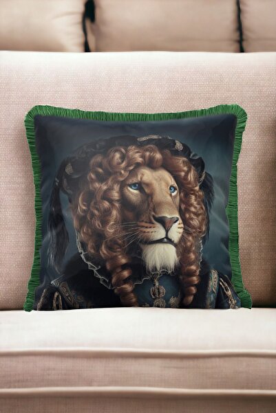 ASDİVA غطاء وسادة مخملي فاخر مزخرف بنمط أسد ومهدب بتصميم فني