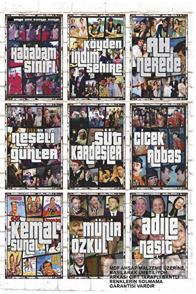 Hayat Poster 9 Parça Karışık Yazılı Ahşap Tablo Seti türk sineması yeşilçam u...