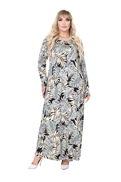 MELSAY Γυναικείο μακρυμάνικο μανίκι με πράσινο λευκό τροπικό σχέδιο