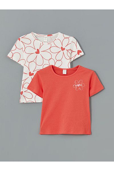 LC Waikiki Lcw Kids Coral Crew Neck Floral Girl's T-Shirt Pack of 2