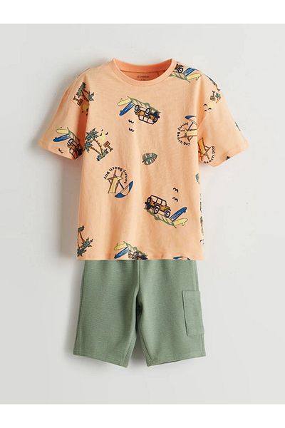 LC Waikiki Lcw Kids Coral Elastic Waist Printed T-Shirt and Shorts 2-Pack