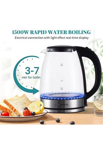Super Wave 1.8L 1500W Borosilicate Glass Electric Water Kettle ,Auto Shut Off & Boil Dry Protection & LED Light