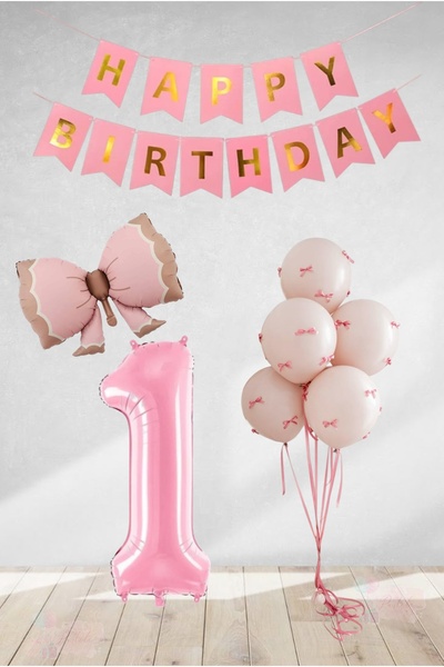 BİDOLUMUTLULUK Pembe Fiyonklu Kurdelalı Doğum Günü Parti Kutlama Eğlence Seti