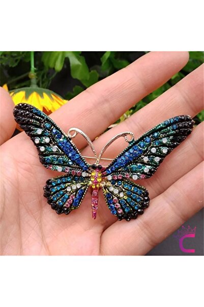 Cinderella Butterfly Tasarım Renkli Rhinestone Taşlı Kadın Kelebekli Broş - Hediyelik Elbise Ceket Yaka İğnesi