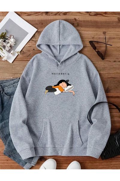 RPT MODA Oversized Casual Cut Hallederi̇z Printed Detail Hooded Basic Sweatshirt Top