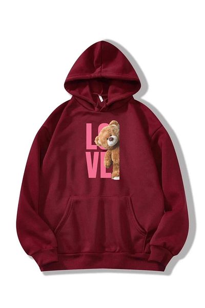 RPT MODA Oversized Casual Cut Love Bear Print Detail Hooded Basic Sweatshirt Top