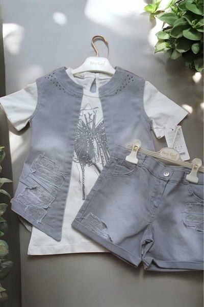 Arafım Butik Denim Vest T-Shirt Denim Shorts 3-Piece Set with Stone Details