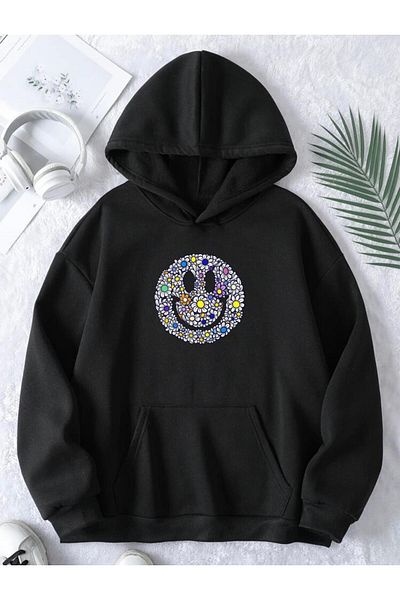 RPT MODA Oversized Casual Cut Flower Smiling Face Print Detail Hooded Basic Sweatshirt Top
