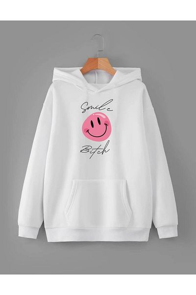 RPT MODA Oversized Relaxed Cut Smile Better Printed Detail Basic Sweatshirt Top with Hood