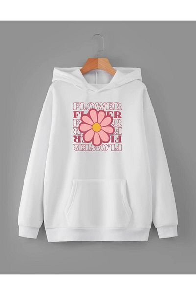 RPT MODA Oversized Casual Cut Flowers Printed Detail Hooded Basic Sweatshirt Top