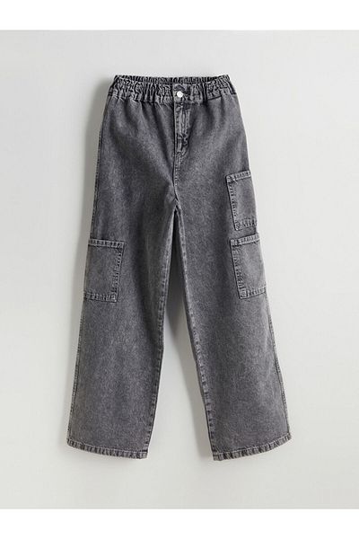 LC Waikiki Lcw Kids Gray Elastic Waist Girls Cargo Jean Trousers